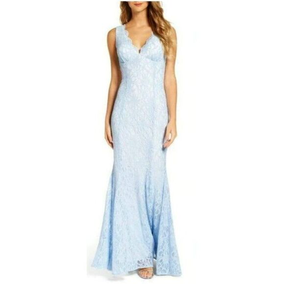 Morgan & CO. Blue V-Neck Glitter Lace Open Back Dress Size 7 NWOT - Picture 1 of 9